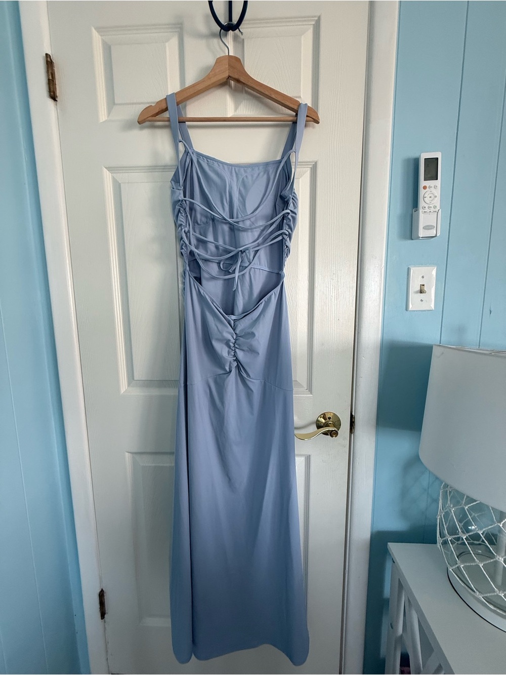 Halara Square Neck Ruched Lace Up Maxi Dress Blue NEW Medium M - Picture 2 of 5
